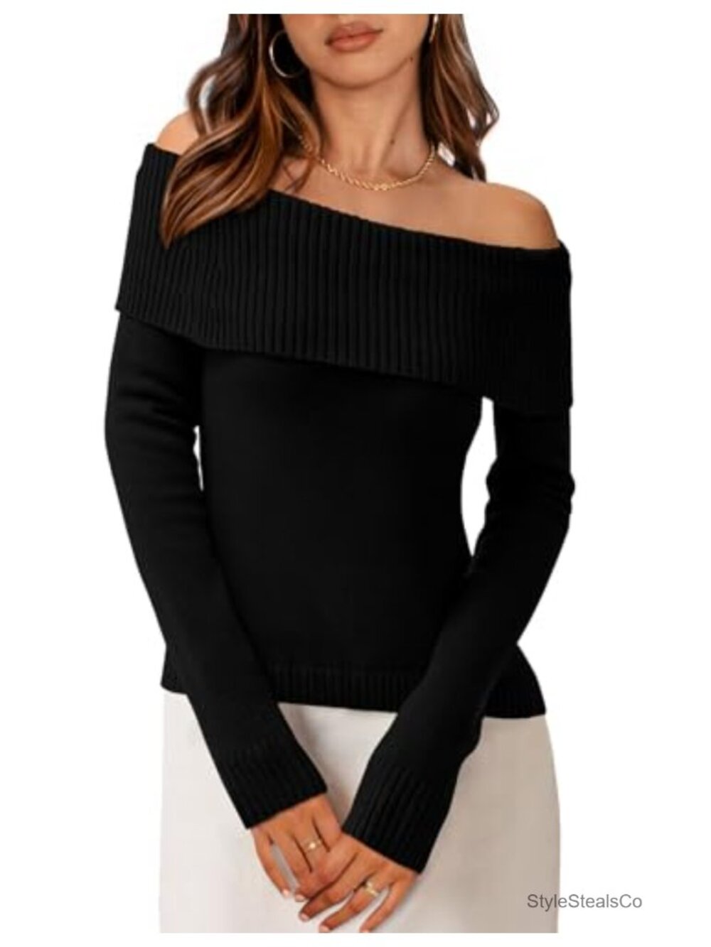 Off Shoulder Long Sleeve Knit Sweater Pullover Fall Date Night Top